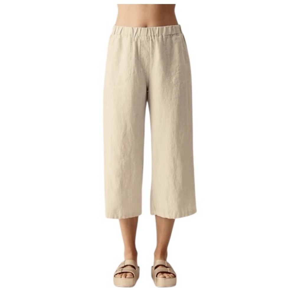 Tahari 100% Linen Crop Pants Womens XL Beige Tan Elastic Waistband